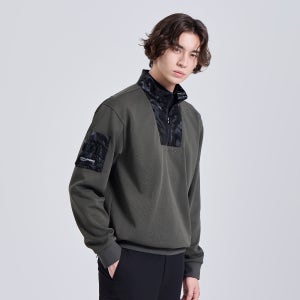 남성 카모포인트 기모 하이넥 반집업 긴팔 티셔츠 카키