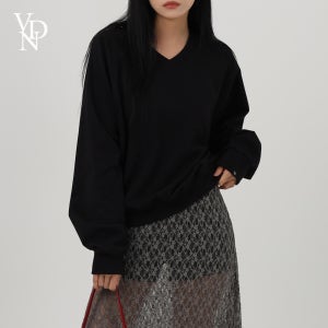 (기모추가) 자체제작 여성 볼드 V넥 세미크롭 맨투맨 스웨트셔츠 오버핏 캐주얼 데일리