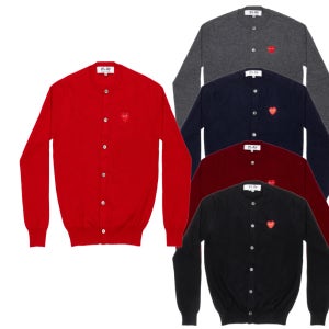 25FW 꼼데가르송 가디건 라인스톤 레드와펜 울 니트 여성 라운드넥