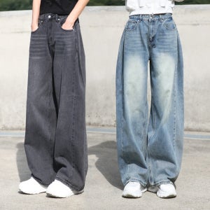 동대문스타일 빈티지워싱 옆폴딩 벌룬 와이드 데님 팬츠 여성 오버핏 청바지 JB251