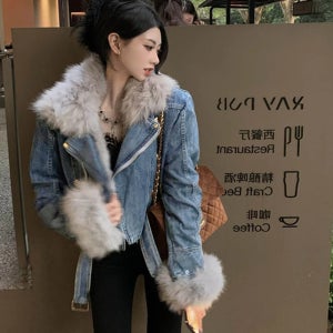가을/겨울 탈부착 가능한 모조 여우털과 토끼털 라이너 데님 재킷