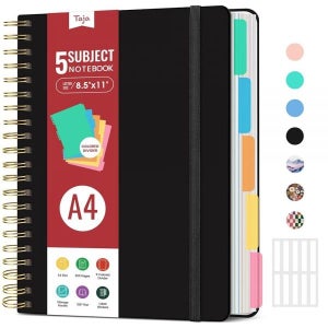 Taja 탈착식 칸막이 및 탭 작업을 위한 대형 나선형 안감 노트 216 x 279cm(85 11인치) 하드커버 5과목 작성 정리용 A4 대학 유선 저널 여성 글쓰기 블랙 C-블랙