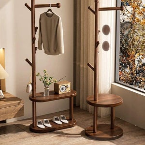 코트랙 옷걸이 현관 다기능 선반 인테리어 스틸 수납 행거 고정형월넛 중간