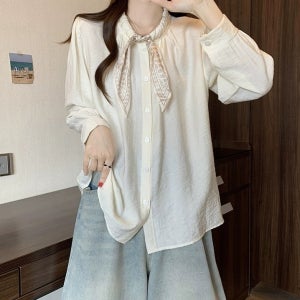 내추럴셔링 리본넥 긴팔블라우스 쁘띠스카프 여성가을셔츠 데일리상의 오피스룩 여리핏