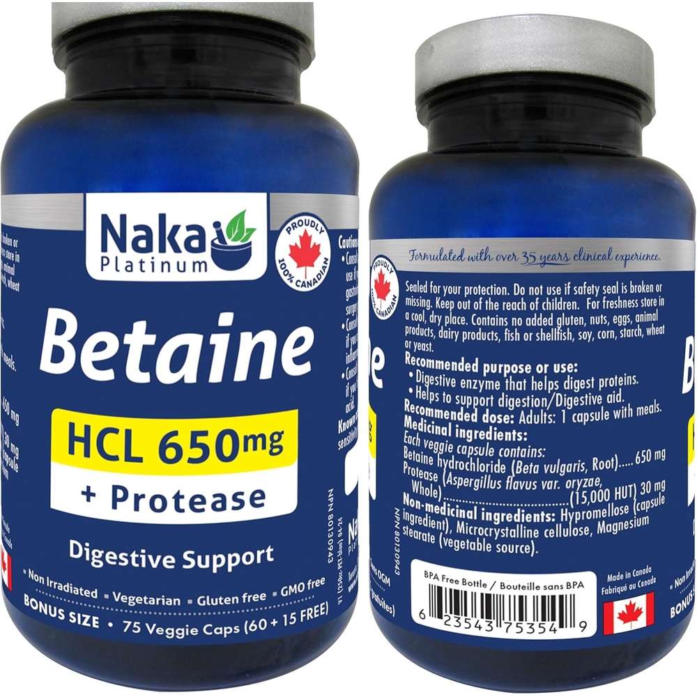 NAKA 나카 플래티넘 <b>베타인 HCL 650mg</b> 프로테아제 75캡슐 캐나다산