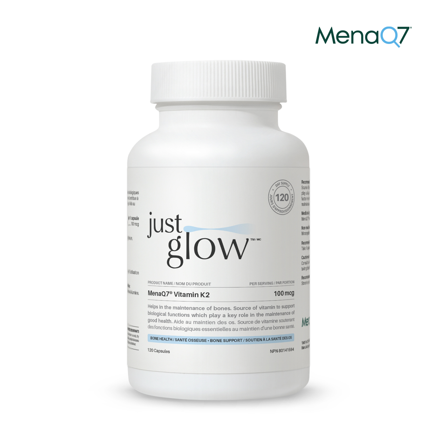 저스트글로우 MenaQ7 <b>비타민</b> K2 MK7 100<b>mcg</b> MK-7 120캡슐, 1개