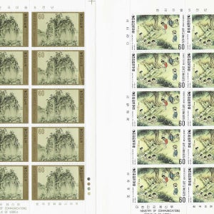 한국 1979년~1980년 한국미술5000년 신윤복의단오절 & 김홍도의산수화 2종1세트 전지우표 판매번호:100-37~100-38