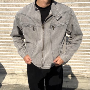 남자 그레이 크롭 코튼 자켓 워싱 지퍼 포인트 스트랩 디테일 가을 아우터