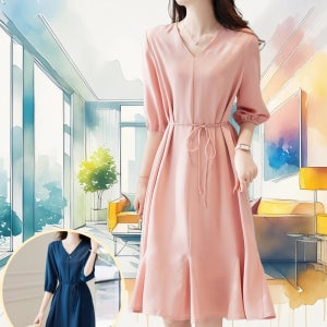 여자 하늘하늘 쉬폰 브이넥 반팔 원피스 봄 여름 가을 여성스러운 데일리 웨어 밴딩 치마