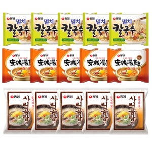 꾼들 멸치칼국수+사리곰탕+안성탕면 안매운 순한라면 세트 15개 + 코인 사골육수1개