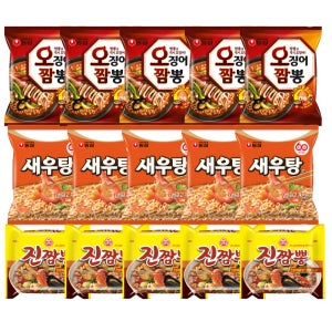 꾼들 오징어짬뽕+진짬뽕+새우탕면 해물라면 세트 15개 + 코인 사골육수1개