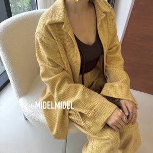 보니따스 트위드 셔츠 블라우스 카라넥 베이직 긴팔 남방/ 옐로우 체리 딥블루