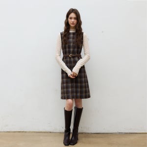 울 블렌드 펜던트 체크패턴 원피스 (BROWN)