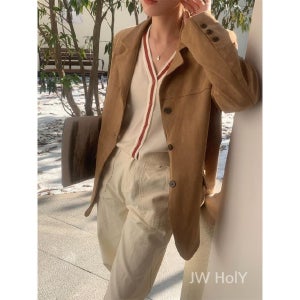 스웨이드 카라넥 캐주얼 자켓 루즈핏 오피스룩 엉덩이덮는 블레이저 b2