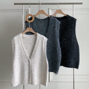 여성 니트 펄조끼 루즈핏 미디기장 브이넥 앙고라 은사 반짝이 조끼 얇은 니트베스트