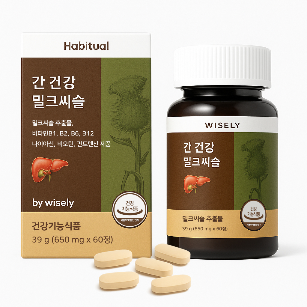 <b>와이즐리 해비추얼</b> 간 건강 밀크씨슬 플러스·비타민B군 직장인 야근·회식 60정, 1개