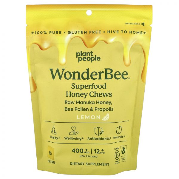 <b>플랜트</b> 피플 원더비 슈퍼푸드 꿀 <b>허니</b> 츄 레몬 MGO 400 30 Plant People WonderBee Superfood Honey Chews Lemon