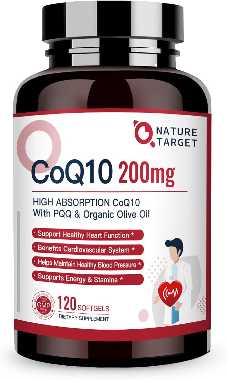 보물입니다 네이처 타겟 <b>CoQ10200mg</b>소프트젤 유기농 올리브 오일 함유 PQQ 고흡수 코엔자임 Q10 항산화제 심장 건강 및 면역 지원 에너지 생성 120회 제공량 아껴