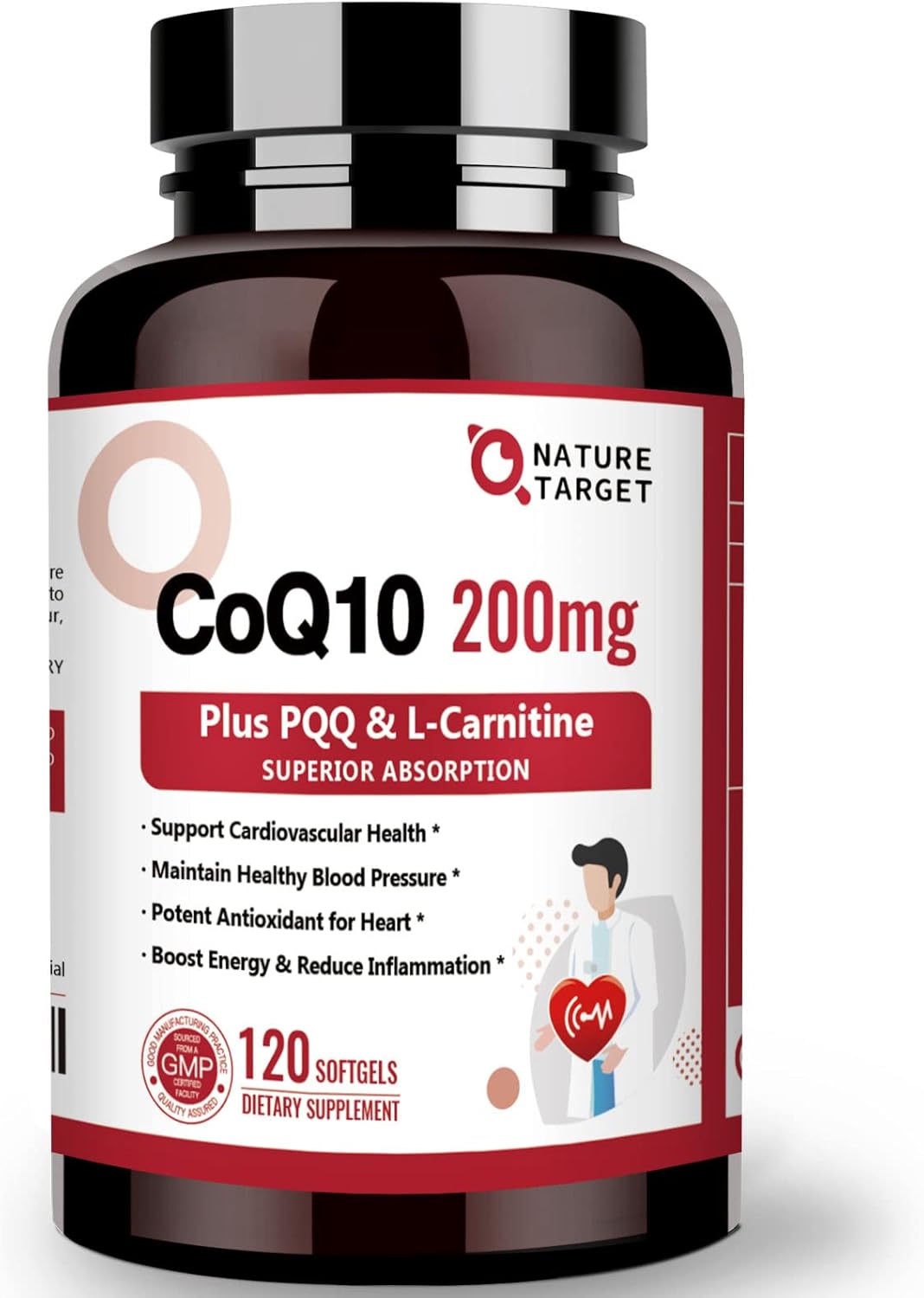 보물입니다 네이처 타겟 <b>CoQ10200mg</b> PQQ L카르니틴 오메가3 함유 고흡수 코엔자임Q10 바이오페린 함유 심장 및 면역 체계 지원 세포 에너지 생성 120회 제공량 아껴주