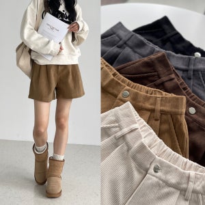 코듀로이 반바지 여성 4부 핀턱 와이드 a라인 뒷밴딩 가을 겨울 팬츠 헤이븐 골덴반바지