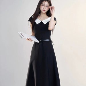 프렌치 헵번 블랙 원피스 롱 롱원피스 정장원피스 블랙 허리띠포함 S 모델 사이즈