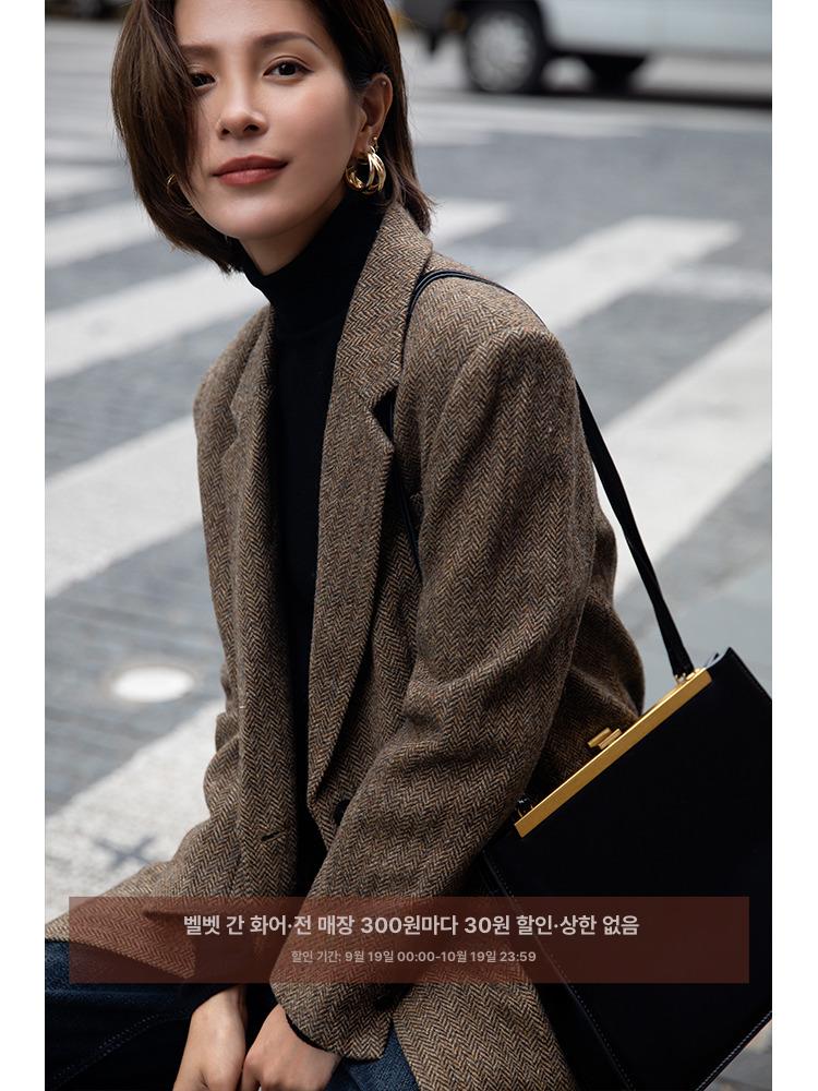 여성 테일러드 오버핏 양모 자켓 빈티지 정장 블레이저 레트로 스타일 헤더브라운 헤링본 X A