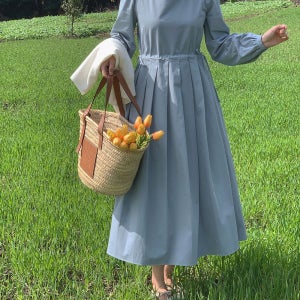 가을 우아한 코튼 햅번 원피스 핀턱 플레어 셔링 스트링 롱 원피스 베이지 스카이 77 88