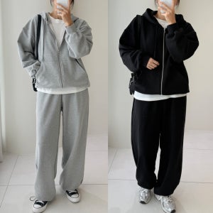 도톰 후드 집업 상하 셋업 오버핏 후드티 와이드 바지 여성 맨투맨 세트