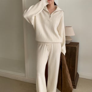 가을 겨울 도톰한 반집업 카라 골지 투피스 니트세트 코디세트