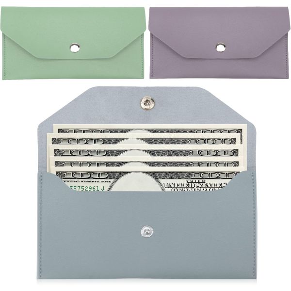 3피스 머니 현금 봉투 가방 Pletpet PU 가죽 주머니 지갑 봄 축제 결혼식 생일 졸업식 휴일을 위한 재사용 가능한 예산 블루 퍼플 그린