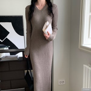 메이디 골지 브이넥 울 니트 롱원피스 4col 가을 겨울 맥시 부드러운 슬림 제이플로우