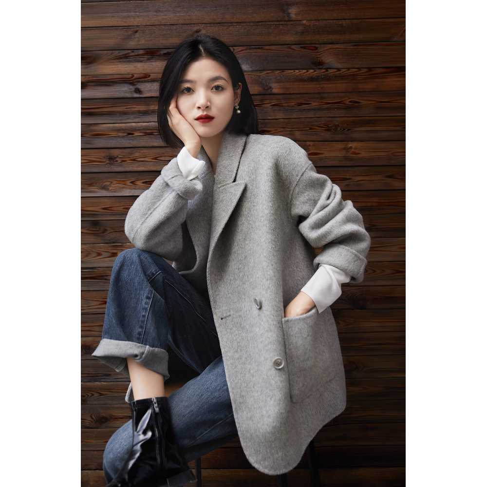 울 더블 자켓 코트 프렌치 오피스 패션 출근룩 데일리 글레이셔 그레이 M