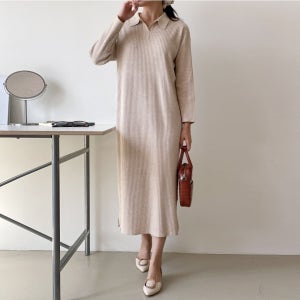 봄 50대 미시 중년여성 세련된 클래식룩 트임 카라넥 긴팔 골지 니트 롱 원피스