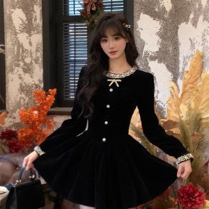 빅사이즈 블랙 벨벳 원피스 겨울 연말 파티룩 경성의복 스타일 공주풍 레이스 미니드레스