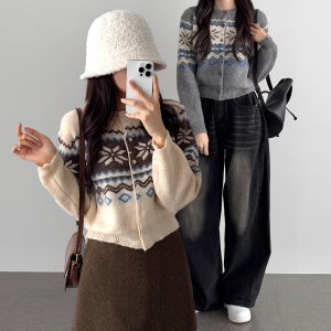 여성 라운드넥 아가일 노르딕 니트 꽈배기 가디건