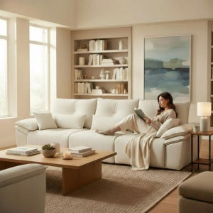 리안 세이지 무빙 슬라이드 독일 오킨모터 마스트로로 패브릭소파 스툴미포함, 화이트, 4인용