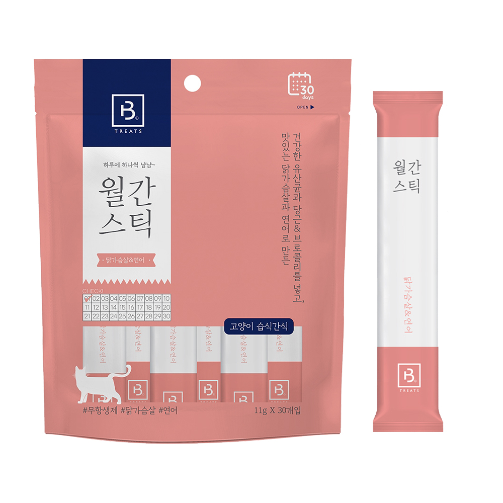 월간스틱 고양이 츄르 대용량 국내산 닭가슴살 연어, 11g, 30개