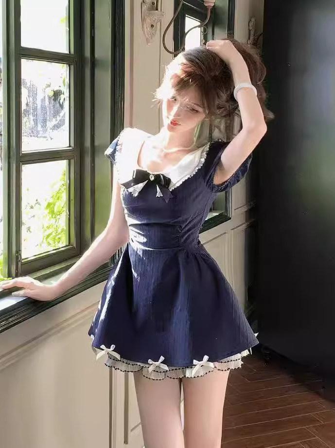 [꾸안꾸 여친룩] 여름원피스 미니 <b>블루</b> 리본 퍼프 키작녀 A라인