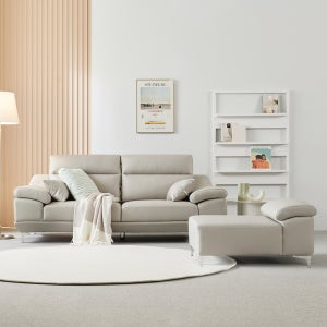 동서가구 뉴테라 천연면피가죽 소파 스툴포함, 라이트그레이, 3인용