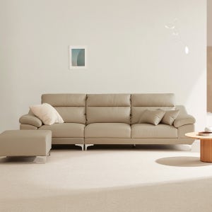 동서가구 뉴테라 천연면피가죽 소파 스툴포함, 베이지, 4인용