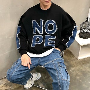 루즈핏 소매 전판 데님 패치 자수 레터링 남자 가을 맨투맨 티셔츠