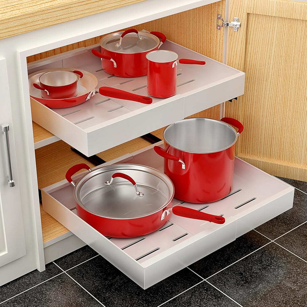 주방 및 욕실용 <b>소버스</b> 풀아웃 슬라이딩 수납 랙, 내구성 있는 금속이 노드릴 조절 선반, 미끄럼 <b>방지</b> 그리드 서랍, 방수 공간 절약기(화이트 2팩) White