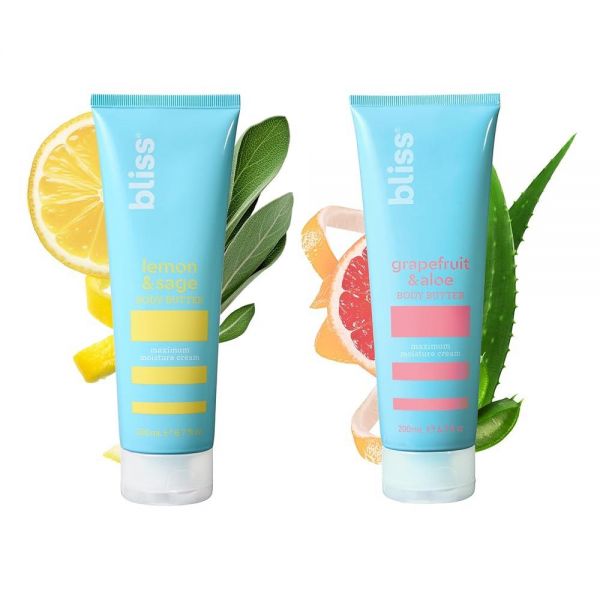 블리스 Bliss Body Butters 듀오 레몬 앤 <b>세이지</b> 바디 버터 및 자몽 <b>알로에</b> - 맥시멈 모이스처 크림 건조한 피부를 위한 180ml(6.7온스) 로션 오래 지속되는 모