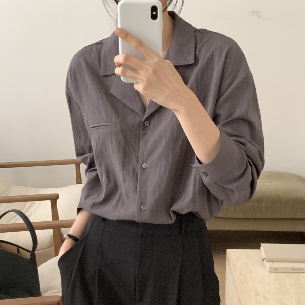 여성 루즈핏 더블카라 나일론 바스락 셔츠 블라우스 (아이보리 진베이지 차콜)