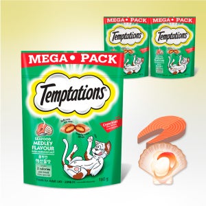 템테이션 메가 팩 고양이 간식 풍부한 해산물맛, 160g, 3개