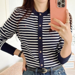 타미힐피거 여성 코튼 스트라이프 가디건(3컬러)
