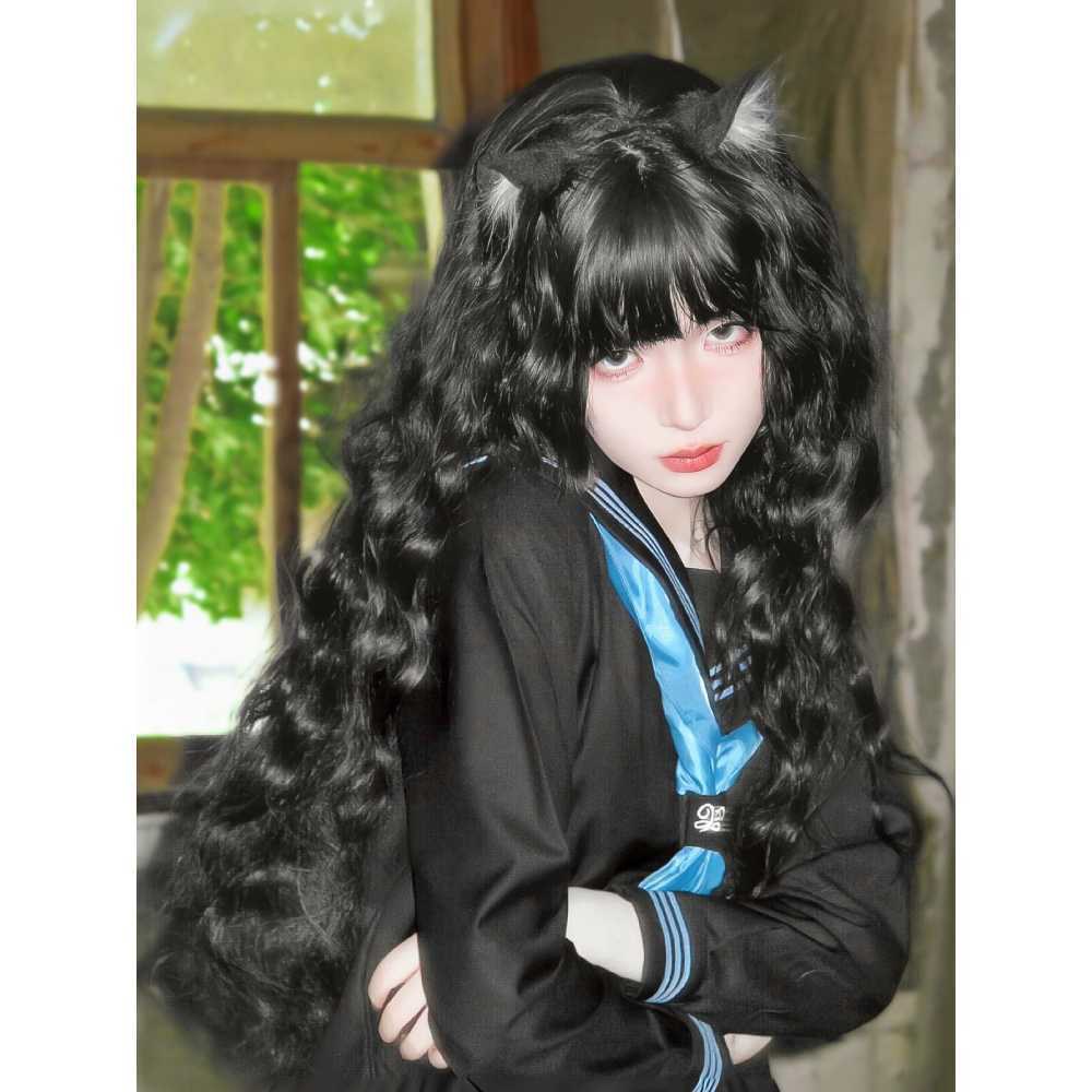 블랙 앞머리 데 자연 롱헤어 물결 팔자 앞이마 히피펌 앞머리없는 통가발