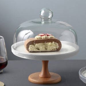 우드 케이크스탠드 세라믹 트레이 유리돔 커버 케이크 서버