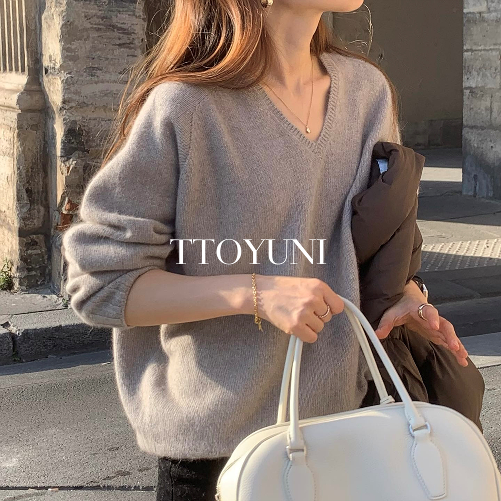 온스 ounce 헤어리 라쿤 브이넥 니트 캐주얼 베이직 떠유니