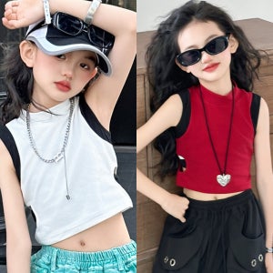 주니어 옷 초등 여아 여름 민소매 배색 크롭 티셔츠